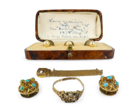 A 9ct gold boxed set of pearl shirt studs - together with a pair of gilt pierced turquoise set shirt studs, a 9ct gold pear d