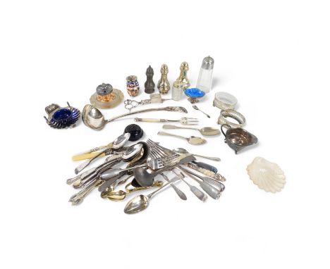 A quantity of plated wares - including a large soup ladle, a cruet, a scallop shell butter dish etc.