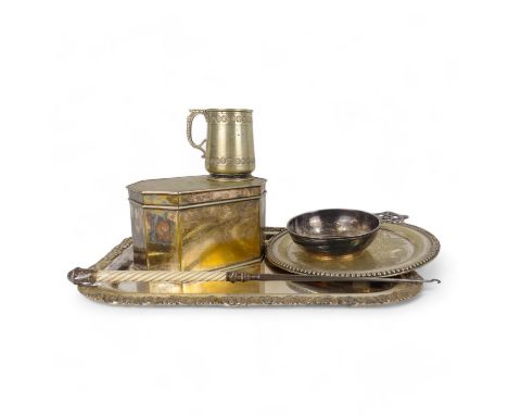 A large continental white metal tastevin - with a pierced handle, together with a silver plated biscuit tin, a christening mu