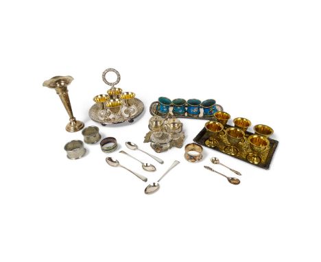 A silver plated egg cruet - circular with four cups and spoons, together with a quantity of sundry plated wares. (qty)