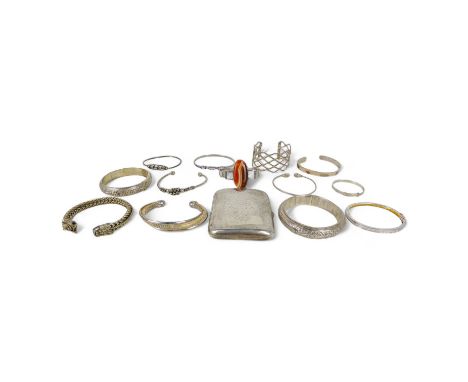 A silver torque bangle - of broad lattice form, together with a silver cigarette case and a quantity of various other silver 