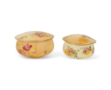 A Royal Worcester blush pin dish - decorated with flowers, 7cm diameter, together with another larger example. (2)
