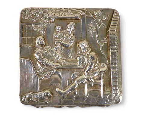 A late 19th century Dutch silver box - square, the hinged lid repousse decorated with gentlemen playing draughts, gilt lined,