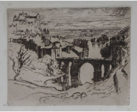 Joseph Pennell etching Bridge of St Martin, Toledo Spain. An original plate by the studio, unframed. size. 9" x 11"