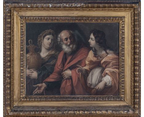 Antique old master coloured print of Lot with his daughters, in a period gilt-wood frame. Old label to verso Grundy Smith, an