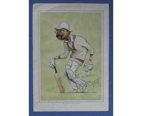 Clive Lloyd, ink signed, cricket characters coloured print by Ireland. unframed. size.13" x 9"