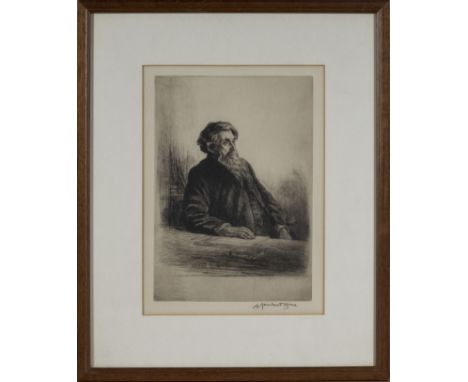 Sir Muirhead Bone (1876-1953) 20th century framed dry point etching, Portrait of Rev. Dr. Jones seated at a desk, signed in p