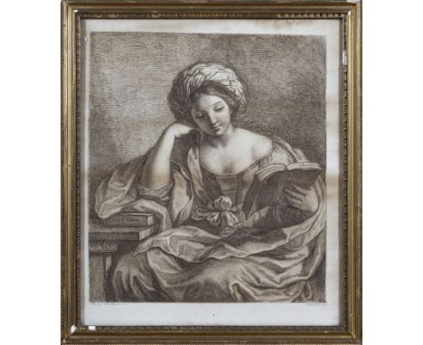 18th century F Bartolozzi antique sepia print of a lady reading a book in classical pose. F.barbieni detto-puercina.inv. Fram