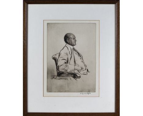 Sir Muirhead Bone (1876-1953) 20th century framed dry point etching, Portrait of Leonard Gow, signed in pencil bottom right. 