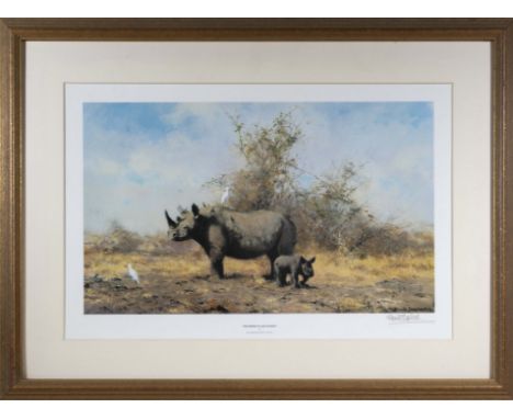 David Shepherd - A large framed print titled The Rhinos Last Stand, signed in pencil to border, overall size 22" x 30"