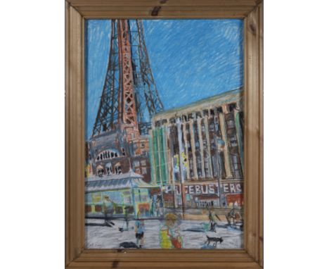 Mark Rodgers listed modern British artist, pastel drawing, depicting Blackpool tower and the seafront with figures and a sing