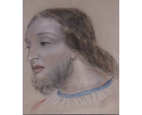 Victorian pastel of the head of Christ, finely detailed, unsigned and unframed. Laid down on board. size. 11" x 9"