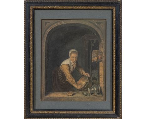 A framed Antique Dutch print signed to corner 'The Washer Girl' size 9" x 8"