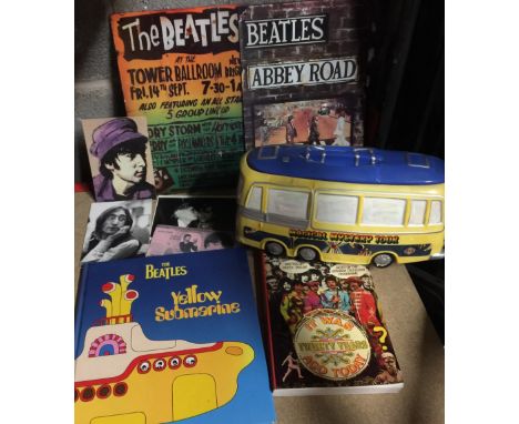 BEATLES - mixed lot of memorabilia to include a Magical Mystery Tour ceramic biscuit jar, 2 repro metal signs, a novelty bank