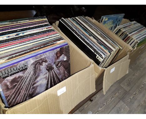 Three boxes of LPs and 12" singles - over 160 records (mostly LPs). The Eagles, Fleetwood Mac, Police, Rolling Stones, U2, St