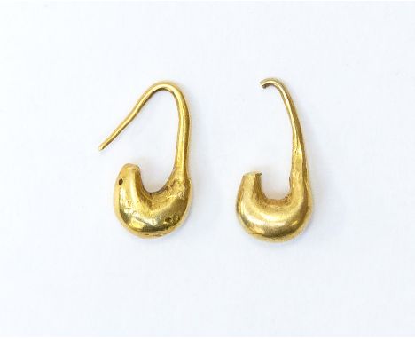 Greek Gold 'Boat' Earrings7th-6th century BCA pair of solid gold earrings of the 'boat' type with thin wire hoop, thick bodie