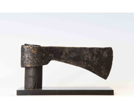 Viking Iron Axe Head8th -9th Century AD.A thick iron socketed Axe head mounted on a custom-made display stand. Fine condition