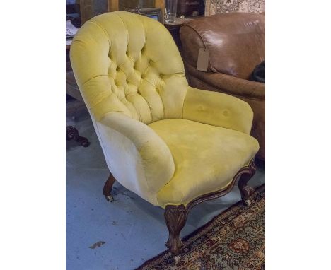 NURSING ARMCHAIR, Victorian, walnut with primrose yellow velvet button upholstered back.