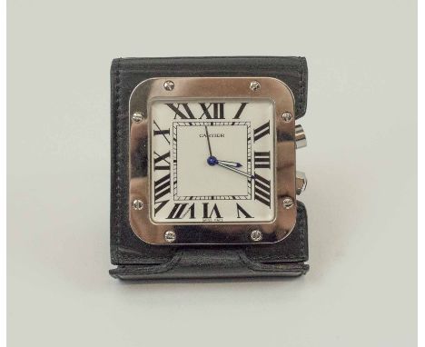 CARTIER SANTOS TRAVEL ALARM DESK CLOCK, 'secret' signature at 7 o'clock, leather folding case, approx 54cm x 54cm, original b