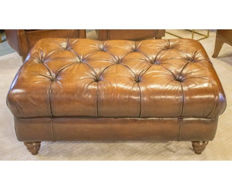 HEARTH STOOL, traditional rectangular deep button upholstered and hand finished leaf brown leather, 76cm x 110cm x 46cm H.