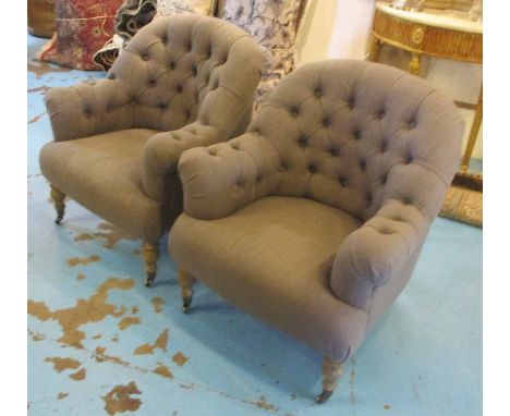 ARMCHAIRS, a pair, button upholstered, grey cotton linen union. (2)