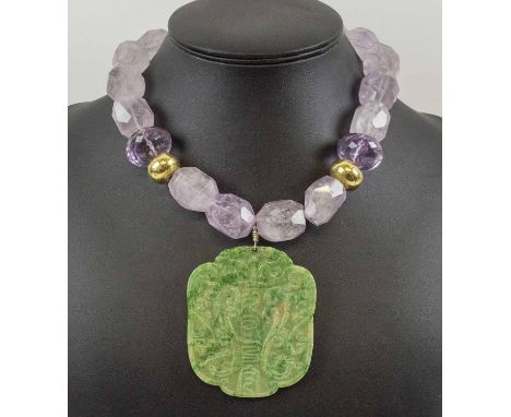 AMETHYST/GOLD BEAD NECKLACE, with Chinese soft stone pendant.