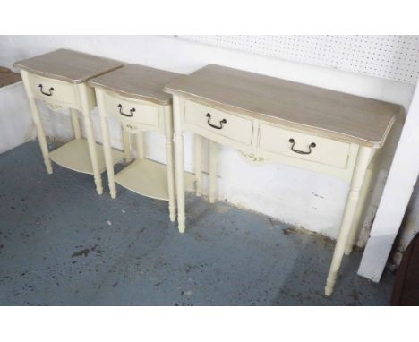 CONSOLE TABLE, Country style shaped distressed effect top, above two drawers, in cream painted finish, 90cm L x 48cm W x 80cm