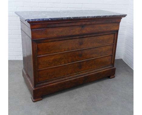 Empire style walnut commode with black marble top,secretaire drawer with fall front over three long drawers and plinth base, 