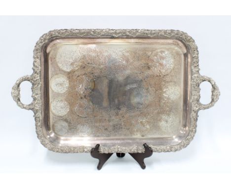 Large, good quality silver plate on copper tray, rectangular with rococo style border and handles, engraved fruit and vine pa