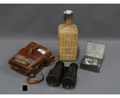 Vintage binoculars with brown leather case, glass bottle and wicker cover and Barrett & Sons, Piccadilly pewter boxes. (4) 