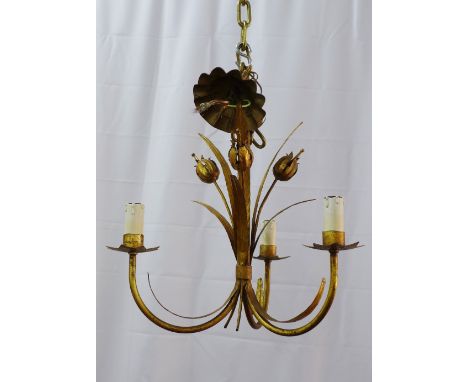 Chandelier, three branch with poppy seed head design, in gilded metal,  approx. 32 x 35cm 