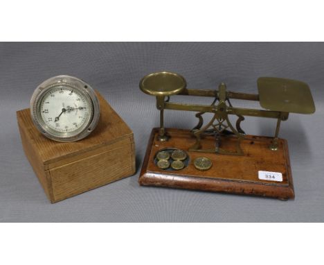 Set of brass postal scales and weights together with a vintage Smith's car clock, Cricklewood works London clock. (2) 