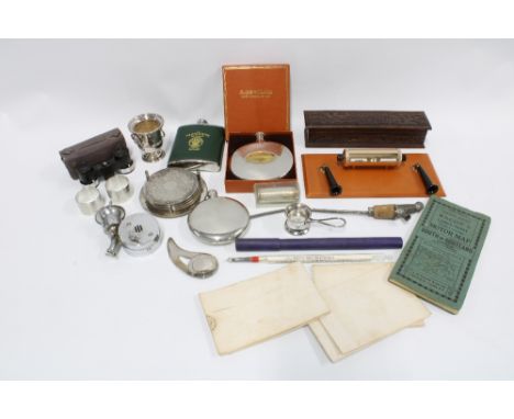 Mixed lot to include vintage road maps, drinking flasks, EPNS coasters, pewter napkin rings, desk calendar ETC. 