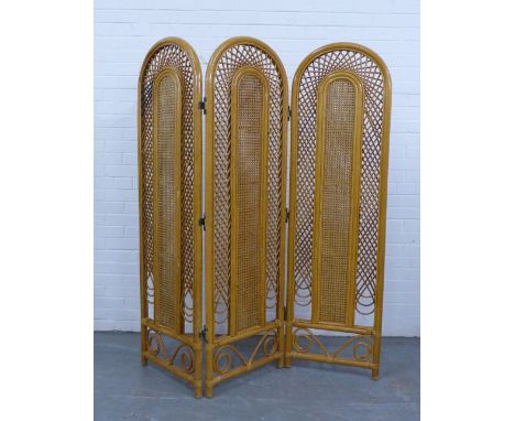 Vintage rattan folding screen, with three panels and two way hinges, each panel 172 x 50cm 