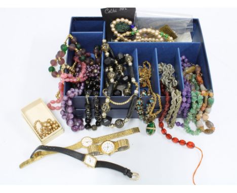 Quantity of costume jewellery to include a Mexican white metal necklace with turquoise, lady's rotary wristwatch, silver fob 