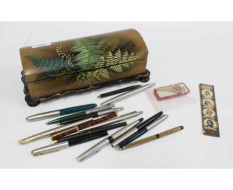 Victorian lacquered glove box containing a collection of vintage ballpoint pens and a Dickens bookmark, etc (a lot) 