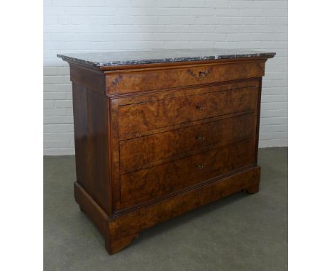 Empire style walnut commode with black marble top, four long drawers and plinth base,  102 x 131 x 60cm. 