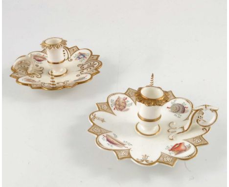 Worcester Kerr &amp; Binns, a matched pair of miniature chambersticks, seashell painted within gilt borders, impressed marks,