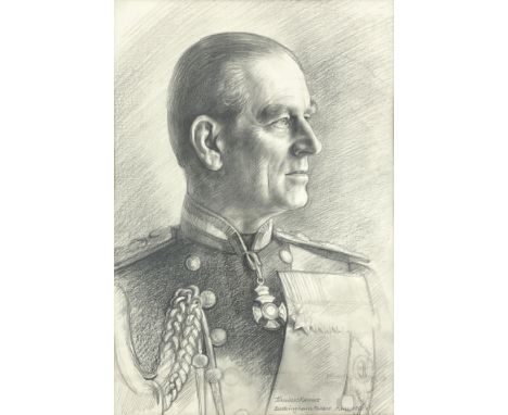 Theodore Ramos (Spanish, 1928), portrait of Prince Philip, Duke of Edinburgh, bust length in uniform, signed, inscribed Bucki