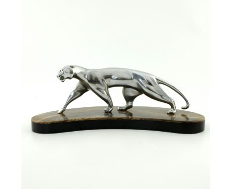 Michael Decoux, bronze panther, an Art Deco silvered figure, circa 1925, modelled prowling on black marble and agate kidney f