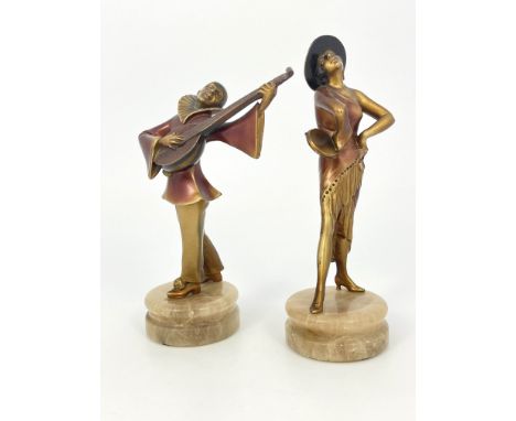 Josef Lorenzl, Pierrot and Pierette, a pair of Art Deco cold painted art metal figures, circa 1925, modelled as the clown ser