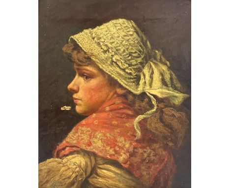 British School, circa 1880, portrait of a young lady, bust length in profile, wearing a bonnet and patterned shawl, oil on ca