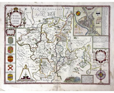 John Speed, Worcestershire Described, London: Thomas Bassett &amp; Richard Chiswell, circa 1676, hand-coloured engraved map, 