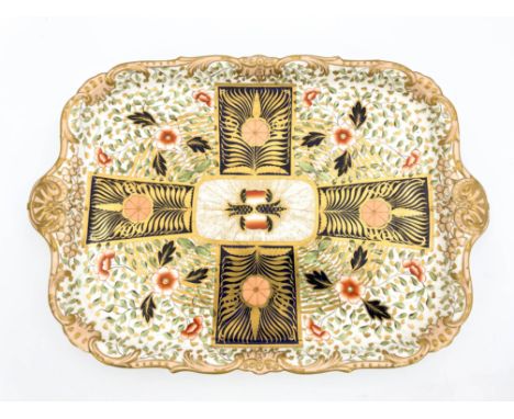 A 19th Century Davenport tea service tray, rectangular with moulded shell twin handles and scroll border, imari decoration, p