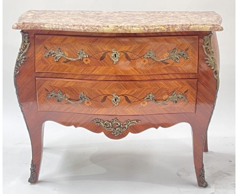 A French marquetry inlaid commode by Gautier et Cie, Paris, of Louis XV design, bombe form with a serpentine pink veined marb