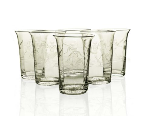 A set of six Art Deco cut glass beakers, Stourbridge circa 1930, probably Thomas Webb, the optic moulded and flared bodies cu