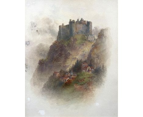 John Stinton, (Royal Worcester Artist) (British, 1854-1956), castle ruins on a coastal cliff: a castle on mountain peak, a pa