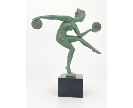 Marcel Bouraine for Le Verrier, Disc Dancer, an Art Deco patinated art metal figure, circa 1925, modelled as a nude woman hol