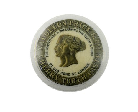 A Victorian Advertising pot lid, Napoleon Price &amp; Co, Cherry Toothpaste, transfer printed portrait panel within green and
