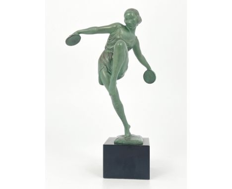 Pierre Le Faguays, Cymbals Dancer, an Art Deco patinated art metal figure, circa 1925, modelled with knee up, on black block 